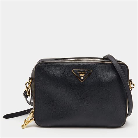 prada black saffiano lux leather double zip camera crossbody bag